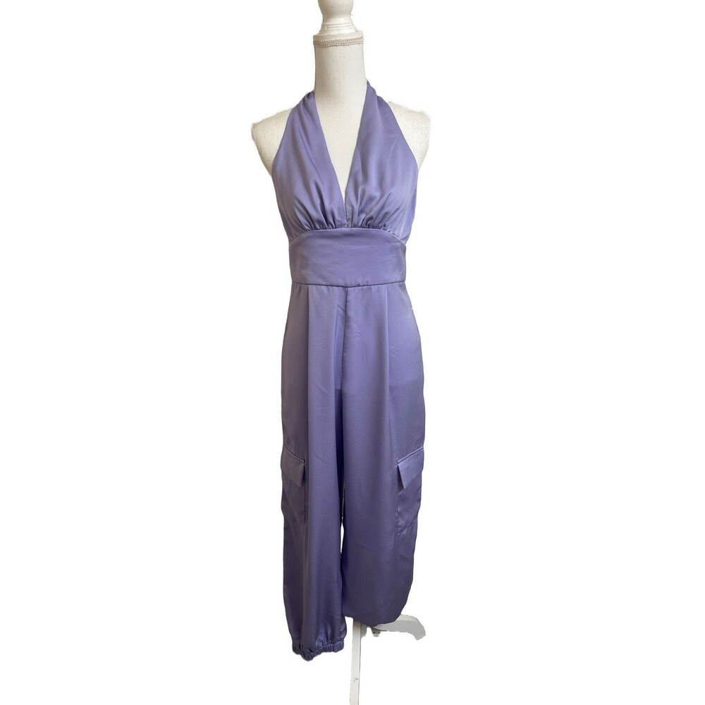 NWT DO+BE Women's  M Lavender Halter Jumpsuit Satin Cargo Pockets Jogger Style